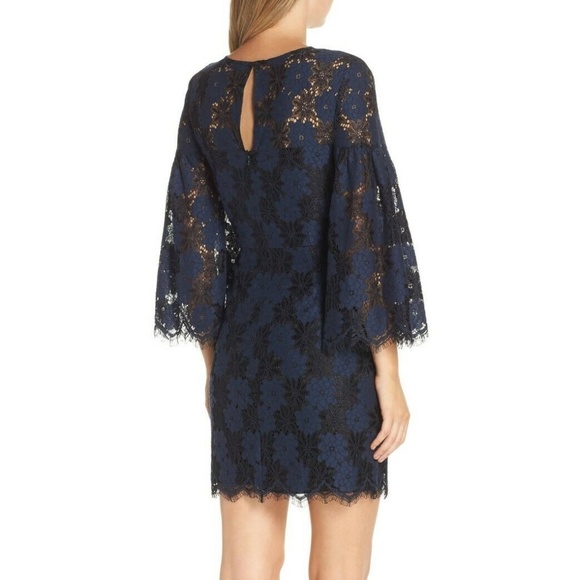 Trina Turk Embroidered Sheer Bell Sleeve 2-Tone Blue Black Lace Dress 4 Small - Picture 2 of 13